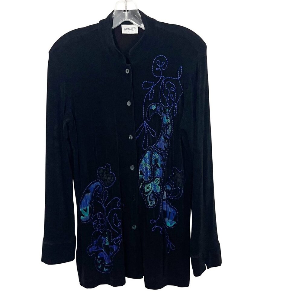 Chico's Travelers Black Blue Lace Embroidered Artsy Button‎ Shirt Size 1, Medium